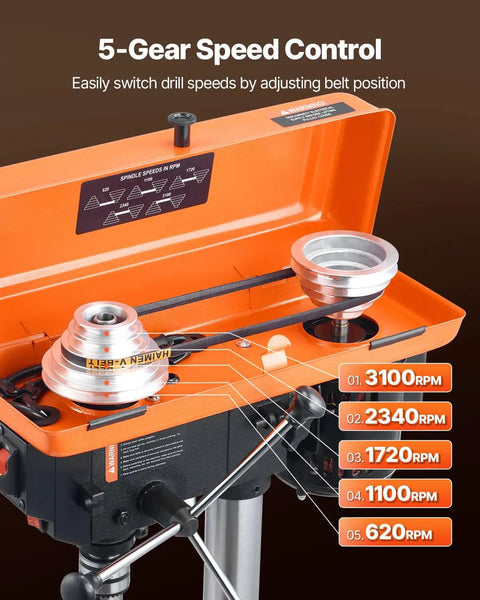 5-gear control of 8 Inch Benchtop Drill Press With Five Speed Settings 750 1140 1740 2340 3200 RPM, belt position