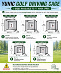 Diagram showing five sizes of Yunic Golf Driving Cage including 10x10x10 ft, suitable for backyard practice, with space measurements.