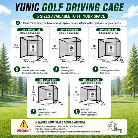 Diagram showing five sizes of Yunic Golf Driving Cage including 10x10x10 ft, suitable for backyard practice, with space measurements.