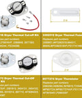 Dryer replacement kit for thermal cut-off, fuse, and thermistor with parts list and measurements for Whirlpool and Kenmore dryers.