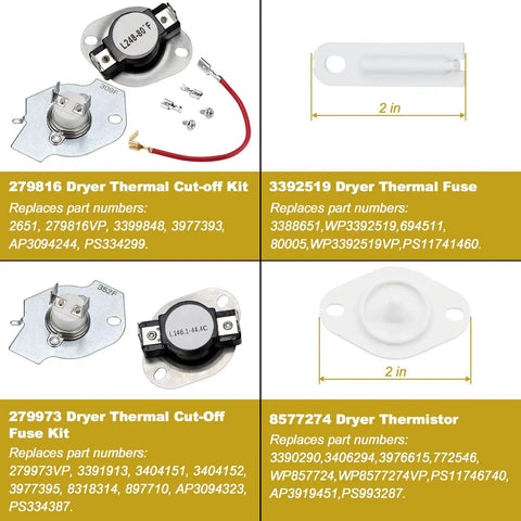 Dryer replacement kit for thermal cut-off, fuse, and thermistor with parts list and measurements for Whirlpool and Kenmore dryers.