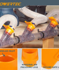 No Hassle 2 Inch Abs Blast Gate Fittings For Dust Collection Systems Clog Resistant Anti Gap Tapered Design Moves Air Smoothly On Woodworking Machines Reliable Two Pack installed on a woodworking bench.