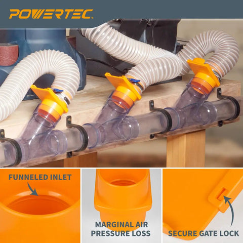 No Hassle 2 Inch Abs Blast Gate Fittings For Dust Collection Systems Clog Resistant Anti Gap Tapered Design Moves Air Smoothly On Woodworking Machines Reliable Two Pack installed on a woodworking bench.