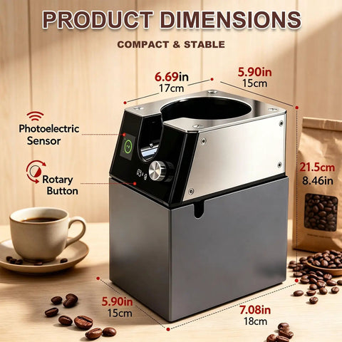 Smooth Operator Automatic Espresso Portafilter Cleaner and Quiet Knock Box Replacement for 58mm Machines, showing dimensions and features.