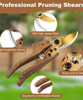 Two Piece Garden Pruning Shears Set With Pro Grade SK5 Blade Pruner and ergonomic walnut-like handle, close-up view