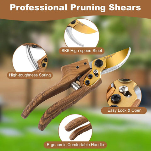 Two Piece Garden Pruning Shears Set With Pro Grade SK5 Blade Pruner and ergonomic walnut-like handle, close-up view