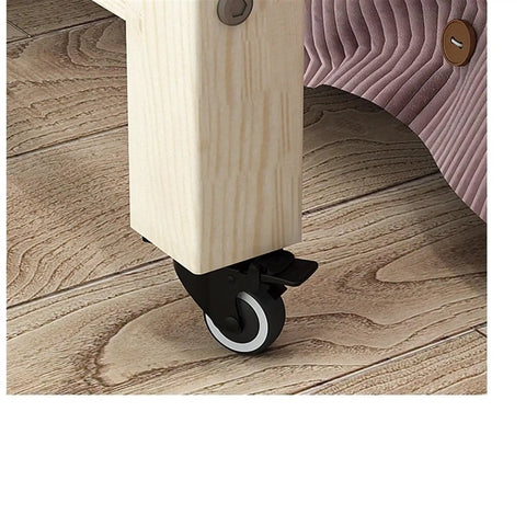 Close-up of smooth lockable wheels on the Roomy Rollin Overbed Laptop Desk Featuring Sturdy Guard Rail And Smooth Lockable Wheels Solid Wood Bedside Tray Ideal For Remote Workers Who Need A Chill Mobile Workspace Setup.