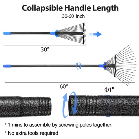 Adjustable Leaf Rake With 32 Gallon Yard Waste Bag And Leaf Scoops with expandable 30 to 60-inch collapsible handle, easy assembly
