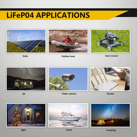 Uses for 12V 8Ah LiFePO4 Deep Cycle Battery With Built In 8A in solar, RV, boating, lawn mower, lighting, and more applications.