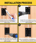 Butt door hinges, 2-inch, stainless steel with black coating; 6-pack with screws shown in installation steps.