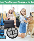 Child with dog and vacuum cleaner, showcasing 4 Pack Washable Vacuum Filter Set For DCF25 And EF7 Fits AS3030AE AS3033A AS3101A