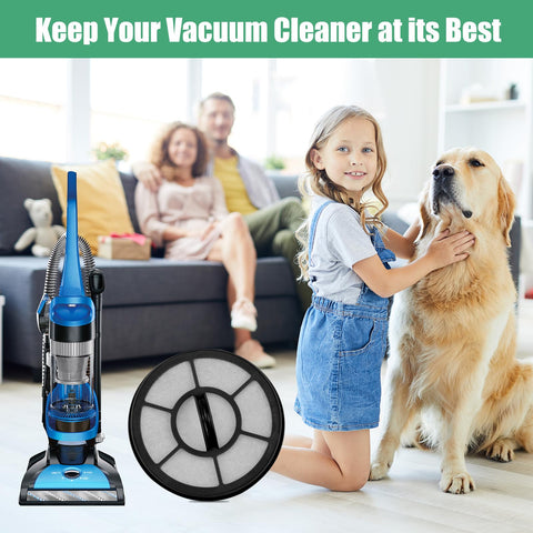 Child with dog and vacuum cleaner, showcasing 4 Pack Washable Vacuum Filter Set For DCF25 And EF7 Fits AS3030AE AS3033A AS3101A