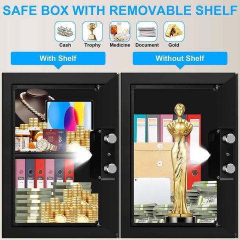 3.3 Cu Ft Fireproof Home Safe with Waterproof Seal, digital keypad lock, shelves for valuables, cash, and documents.