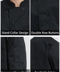 Close-up view of Straight Fire Kickass Chef Coat Black Long Sleeve Kitchen Workwear with stand collar, double row buttons, sleeve pocket.