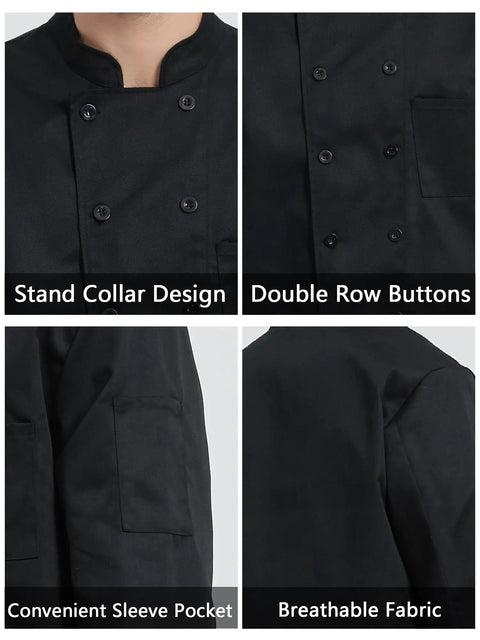 Close-up view of Straight Fire Kickass Chef Coat Black Long Sleeve Kitchen Workwear with stand collar, double row buttons, sleeve pocket.