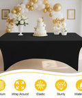 Two Pack Spandex Tablecloths 6 Ft Elastic Fitted Stretch Rectangular Patio Table Cover For Outdoor Tables Wrinkle Free And Washable Black 72x30x30 With Four Elastic Leg Pockets For Outdoor Parties And Weddings covering a table at an event.