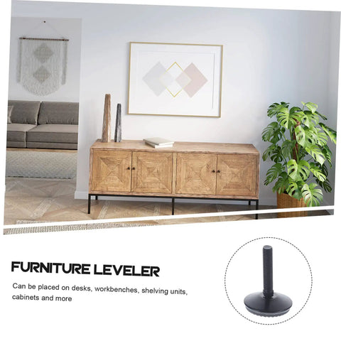 Heavy Duty Adjustable Furniture Levelers With Swivel Base For Tables And Cabinets installed under a wooden cabinet in a living room setting.
