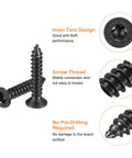 Close-up of Rugged Daily Driver Number 8 X 7/8 Inch Flat Head Torx Wood Screws showing T20 star drive, threaded design, black coating.