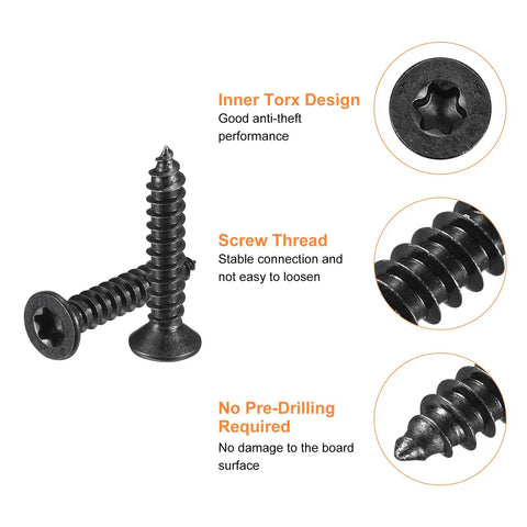 Close-up of Rugged Daily Driver Number 8 X 7/8 Inch Flat Head Torx Wood Screws showing T20 star drive, threaded design, black coating.
