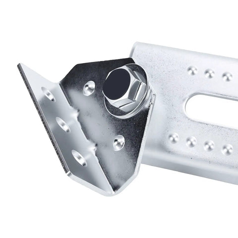 Close-up of Four Pack Boat Trailer Bunk Brackets with 10 Inch Vertical Adjustment showing beefed up cast iron top and bolt.