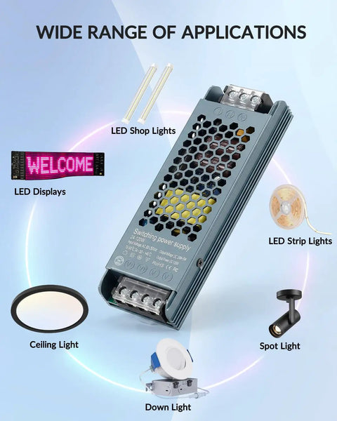 Tough As Nails Heavy Duty 120W 24V LED Power Supply Driver For Strip Lights CCTV Computers And Displays With 100-240V AC Input And 24V DC Output Aluminum Heat Sink For Solid Heat Dissipation IP20 Rated, shown with LED applications