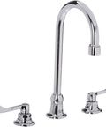 Monterrey Widespread Kitchen Faucet With Limited Swing Gooseneck Spout VR Wrist Blade Handles Polished Chrome Finish