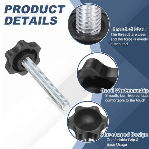 Five Pack Black Star Knobs With 5/16 Inch 18 Threads 2.1 Inch Male Studs showing threaded stud and star-shaped design for easy grip.