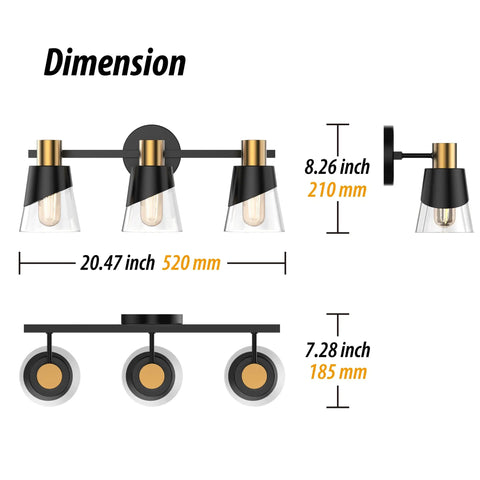 Beveled Edge Matte Black and Gold 3 Light Vanity Light for Bathroom Over Mirror Clear Glass Shade Wall Fixture Vintage Modern Farmhouse Vibe E26 Base Ready 20 Inch Long