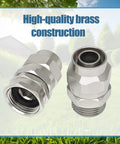 Solid Brass Five Eighths Inch Garden Hose Repair Kit With Heavy Duty Male And Female Ends shown on grass background