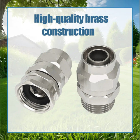 Solid Brass Five Eighths Inch Garden Hose Repair Kit With Heavy Duty Male And Female Ends shown on grass background
