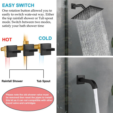 Three Handle Tub Shower Faucet Set With Rainfall Shower Head, Matte Black Square Wall Mount Trim Kit, Easy Water Switch