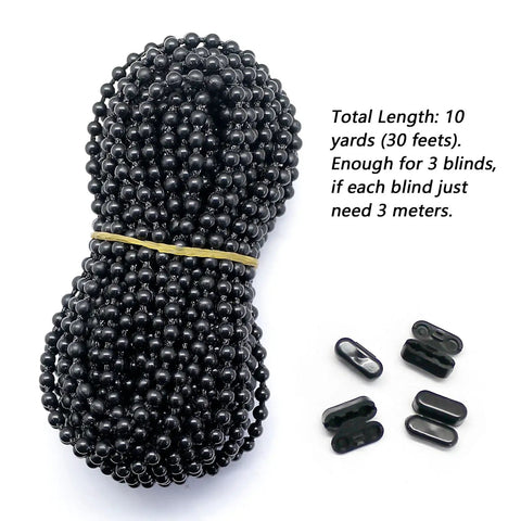 Black Plastic Bead Chain For Roller Blinds 10 Yards With 12 Connector Clips Replacement Parts For Vertical Shades Roman Shades And Roller Shade Blinds DIY Repair Kit showing black plastic bead chain and connector clips.