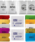 RFID Blocking Sleeves Set With 16 Pieces 10 Credit Card Holders And 4 Passport Protectors Identity Theft Protection Waterproof Aluminum Foil Shield Slim Wallet Friendly Design For Easy Carry And Quick Access displayed with various colorful sleeves.