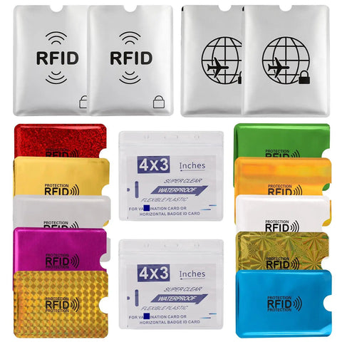 RFID Blocking Sleeves Set With 16 Pieces 10 Credit Card Holders And 4 Passport Protectors Identity Theft Protection Waterproof Aluminum Foil Shield Slim Wallet Friendly Design For Easy Carry And Quick Access displayed with various colorful sleeves.