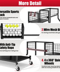 Close-up of Ultimate Golf Bag Organizer With Wheels High Strength Metal Stand showing sports rack, wire mesh bin, and wheels.