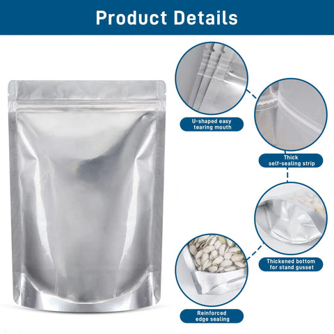 50 Pack Mylar Bags For Food Storage With Clear Window In 1 Quart Size, features such as U-shaped mouth and reinforced edges shown