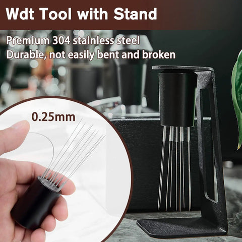 Espresso Distribution Tool With 9 Needles For WDT Stirring, 0.25mm stainless steel wires shown with stand and removable handle