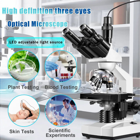 Trinocular Microscope For Adults 40X-5000X Magnification, lab grade white and black optical microscope with LED light