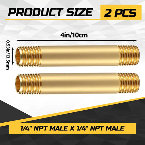 Heavy Duty Brass Pipe Nipples Two Pack One Quarter Inch Npt Male Connectors Four Inch threaded pipes detailed view