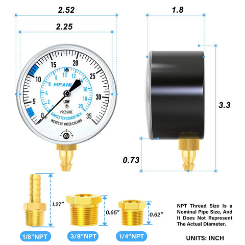 Front view of MEANLIN gas pressure test gauge kit with 0–35 in WC dial, brass fittings, and 40-inch hose