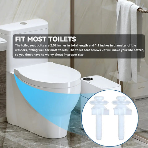 Universal White Toilet Seat Screw Replacement Kit With Heavy Duty Plastic Bolts Hinge Nut Washer Set For Hassle Free Bathroom Fixes and Top Shelf Upgrades, showing bolts and washers for most toilet sizes.