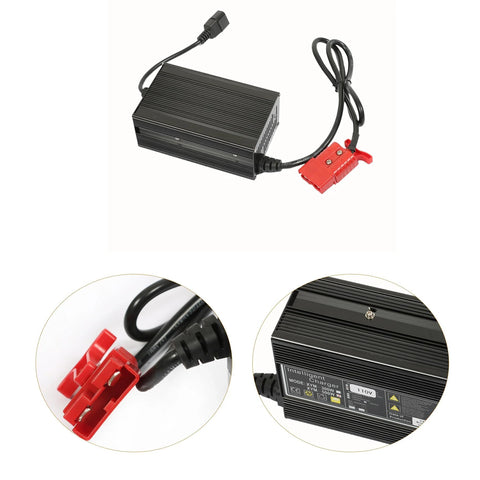 Heavy Duty Floor Scrubber Charger with Pallet Jack 24V 10A SB120 red connector, short circuit protection, industrial use.