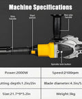 Brushless Cordless Rebar Cutter Spark-Free For Steel Bars And Iron Pipes Cold Cutting Saw Tool showing specifications and features.