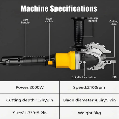 Brushless Cordless Rebar Cutter Spark-Free For Steel Bars And Iron Pipes Cold Cutting Saw Tool showing specifications and features.