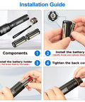 Steps to install batteries in 365Nm UV Black Light Flashlight Pro for carpet cleaning and rock hunting, ergonomic grip shown