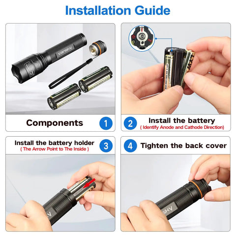 Steps to install batteries in 365Nm UV Black Light Flashlight Pro for carpet cleaning and rock hunting, ergonomic grip shown