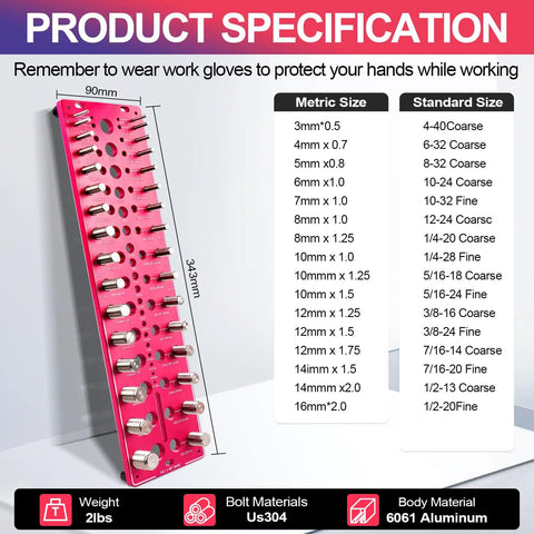 51 In 1 Bolt Size Finder And Thread Checker For Metric And SAE Includes 32 Metric And 32 SAE Nut And Bolt Gauges 19 Drill Bit Checker CNC Machined Aluminum Screw Size Chart Go No Go ANSI Standard Non Slip Base shown with specifications