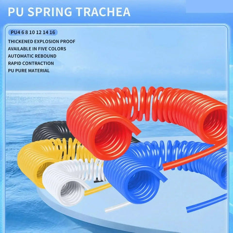 Heavy Duty Polyurethane Recoil Air Hose For Compressors 12 Meter Length in multiple colors coiled on a blue background.