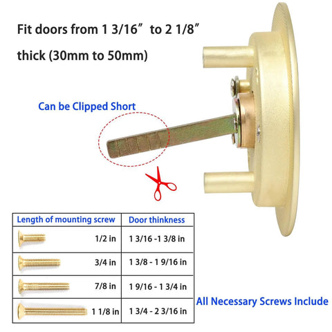 Side view of pocket door privacy lock with easy grip flush handles satin brass round knob, showing dimensions and mounting screws.
