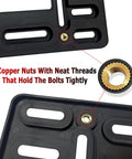 Close-up of copper nuts on Front License Plate Bracket Mounting Kit For Bumpers With No Holes Or Two Pre Drill Holes No Sweat Install